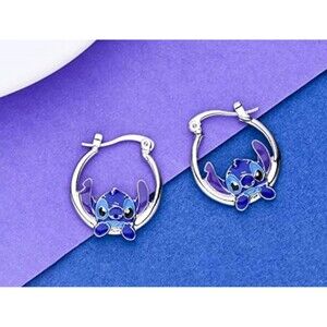 Stitch Silver Hoops Earrings Head Charm Inset Lilo Ohana Family Kid